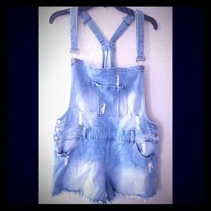 Womens plus size Distressed denim short overall